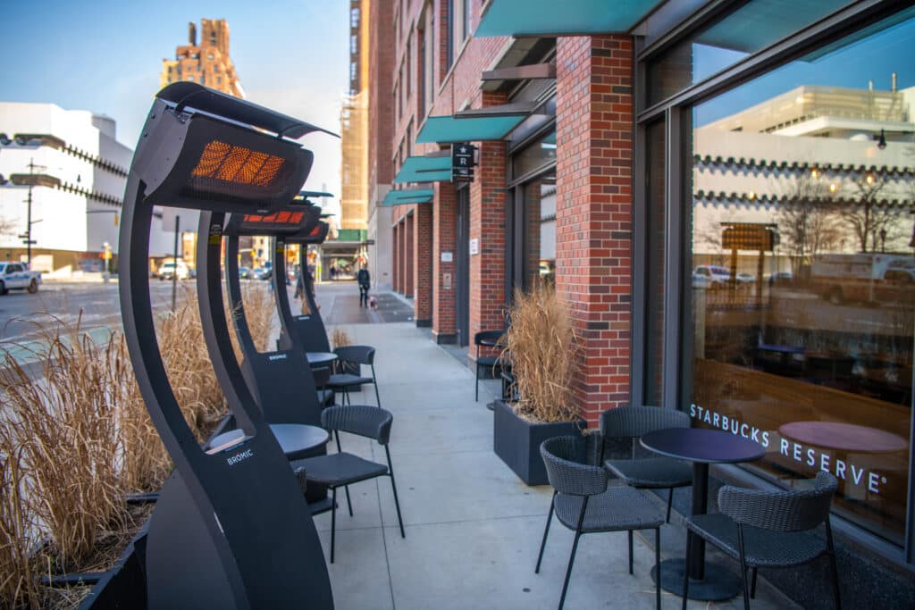 Natural Gas Outdoor Heater - Tungsten Portable lined up in front of a coffee shop